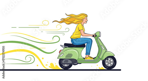 Enchanting Woman Rides a Classic Green Scooter with Flowing Golden Hair for Adventure