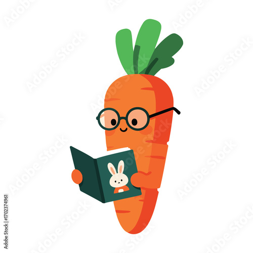 A cute cartoon carrot character with glasses reading a book, representing healthy eating, knowledge, and intelligence.