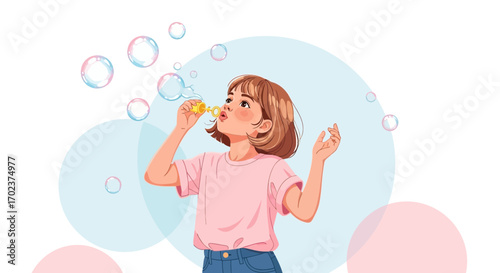 Girl Joyfully Blowing Bubbles While Playing Outdoors, A Happy Moment Captured