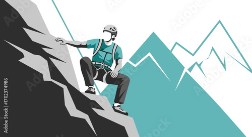 Energetic Adventurer Ascending Rocky Mountain: Vector Graphic Representing Courage And Determination