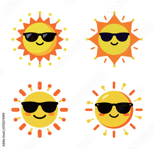 Four cute cartoon sun characters wearing sunglasses, representing summer, warmth, and a cool, happy attitude on a white background.