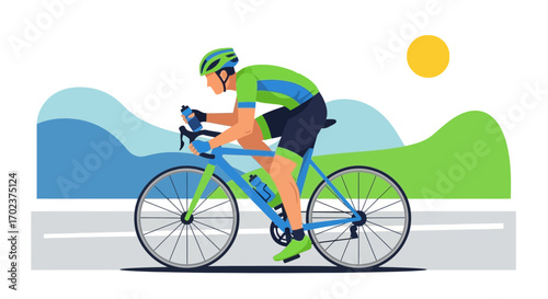 Energetic Cyclist Riding Bicycle Depicted Amidst Nature Enjoying The Sun