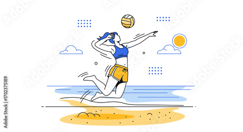 Energetic Female Athlete Spiking Volleyball on Beach Depicting Sporting Competition