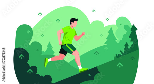 Energetic Figure Running Uphill, Sporty Pursuit in Forest-like Environment Design