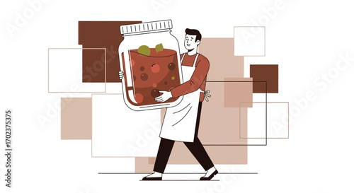 Energetic Gentleman Carries Giant Culinary Creations for Home Cookery or Preserving