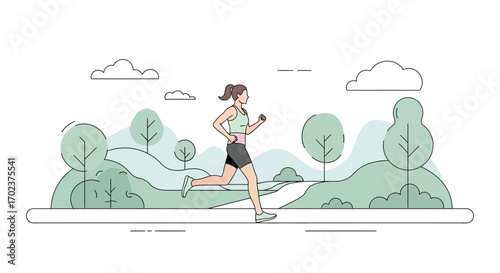 Energetic Jogger in Park, Running Outdoors Against Verdant, Serene Scenery