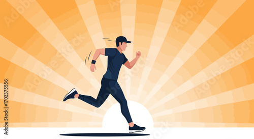 Energetic Male Runner Silhouette Against Bright Sunburst Background Depicting Forward Motion