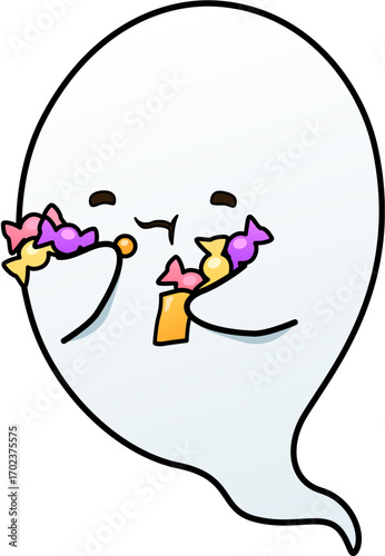 Candy-Eating Ghost Cute Halloween Cartoon Illustration