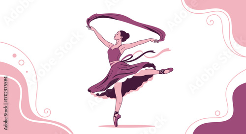 Graceful Ballerina in a Dancing Pose with Flowing Silk, Minimalist Artistic Style