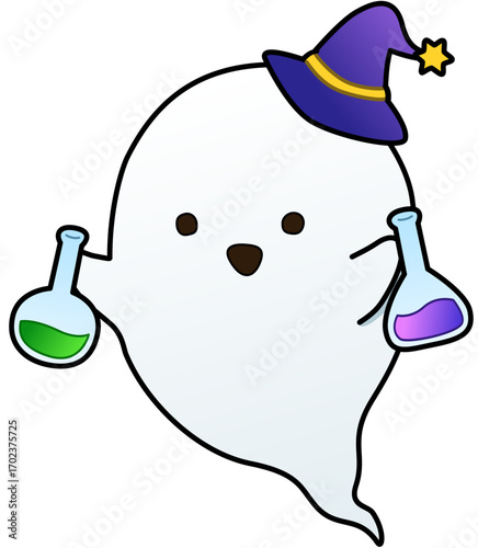 Potion Ghost Witch Hat Chemistry Cute Halloween Cartoon Illustration