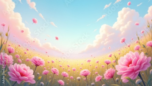 Pink Peonies in a Golden Meadow under a Pastel Sky at Sunset