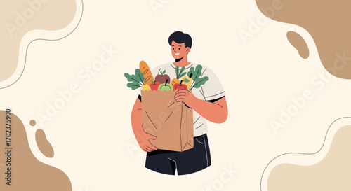 Grocery Shopping: Happy Individual Carrying Fresh Produce, Fruits, and Baguettes to Home