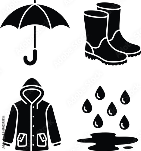 Rainy Weather Icons Showing Essential Clothing for Protection like Umbrella, Raincoat, Boots, and a Puddle of Water After Rain