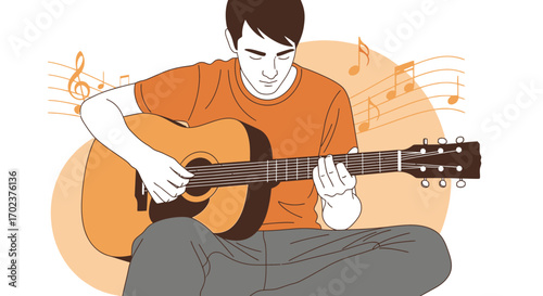 Guitarist Playing Acoustic Guitar While Creating Melodic Music with Musical Notes All Around