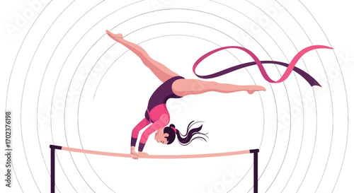 Gymnast Performing Artistic Routine With Ribbon and Bar on White Background