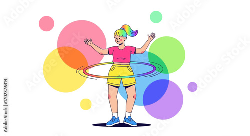 Energetic Woman Performing With A Colorful Hoop Surrounded By Vibrant Abstract Circles