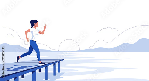 Energetic Woman Running on Dock Towards the Horizon, Embracing Freedom and Physical Fitness