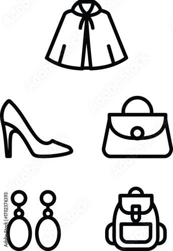 Stylish Women's Accessories Collection Featuring a Cape, High Heel Shoes, Handbag, Earrings, and Backpack, Representing Fashion, Style, and Everyday Essentials