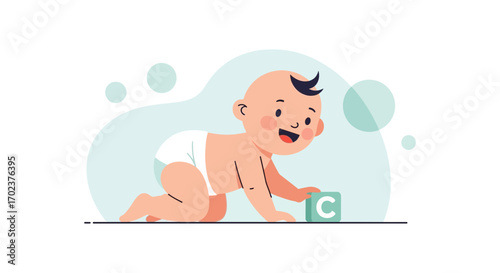 Happy Baby Crawling Towards Learning, Illustration Of Infant Discovery and Play