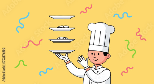 Happy Cartoon Cook Serves Plates with Delicacies Amidst Festive, Colorful Confetti Shower