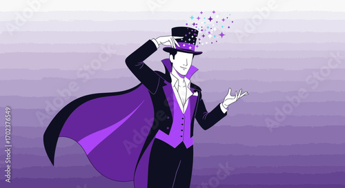 Enigmatic Magician Displaying Charming Tricks With Magical Particles And Hat
