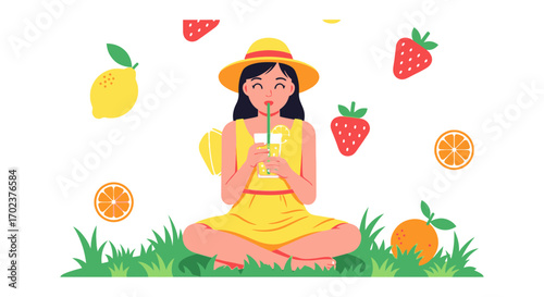 Enjoying Fresh Summer Drink: A Joyful Girl Sipping Lemonade Amongst Fruits