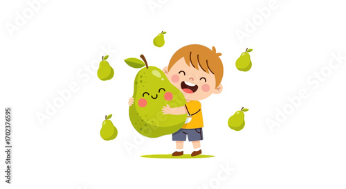 Happy Child Embraces a Giant Pear with Smiling Face, Delightful and Joyful Cartoon Art