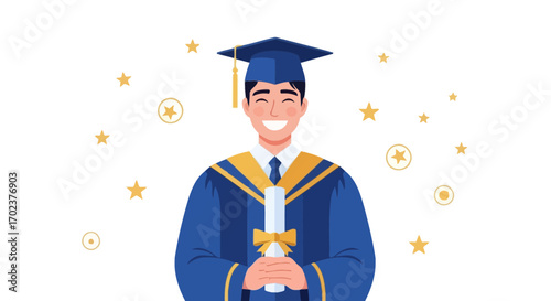 Happy Graduate Celebrating Academic Achievements Holding Diploma With Stellar Decorations