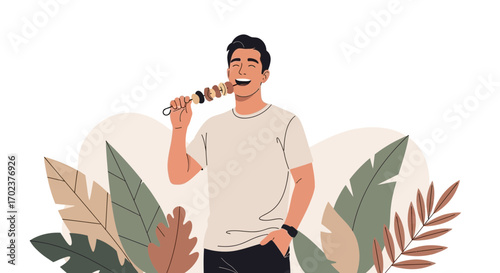 Happy Man Enjoying Skewered Food Among Decorative Foliage With A Smiling Face
