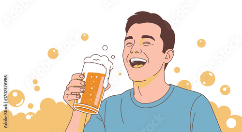 Happy Man Laughing While Enjoying Refreshing Beer With Bubbles and Fun