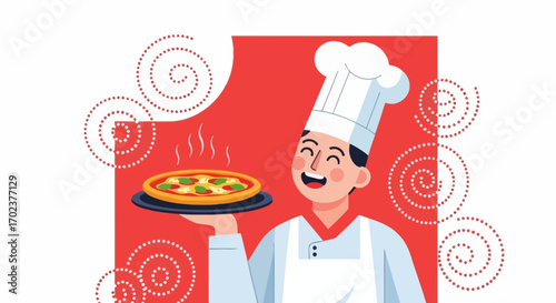 Happy Waiter Chef Presents Freshly Baked Pizza with Smiles and Culinary Delight