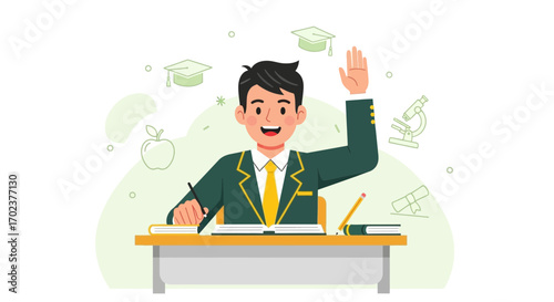 Enthusiastic Pupil Raising Hand in Classroom Environment, Ready to Answer Questions Fully