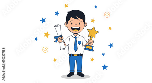 Happy Schoolboy Celebrating Success Holding Trophy and Diploma, Joyful Cartoon Illustration