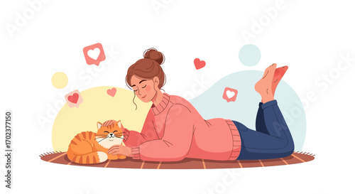 Happy Woman Cuddling a Cat, Showing Love and Affection in Beautiful Vector Art
