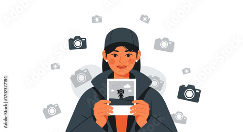 Enthusiastic Woman Displays a Polaroid, Capturing Creative Photography Concepts Beautifully