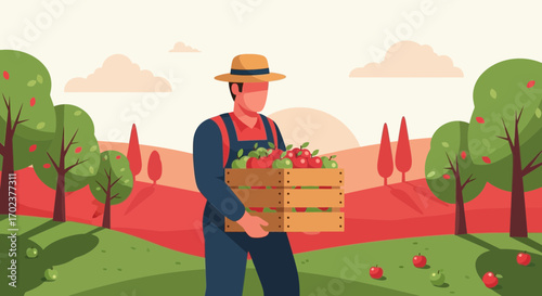 Harvest Season Orchard: Farmer With Apples In A Crate, Landscape Illustration