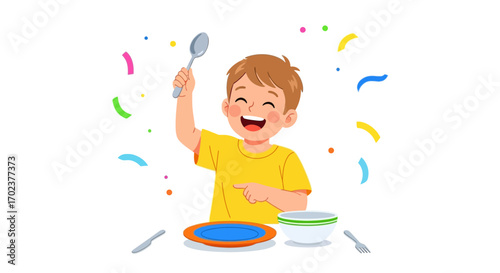 Excited Child Holding Spoon Preparing For A Meal With Joyful Anticipation