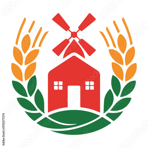 Farm building with windmill, wheat and green landscape