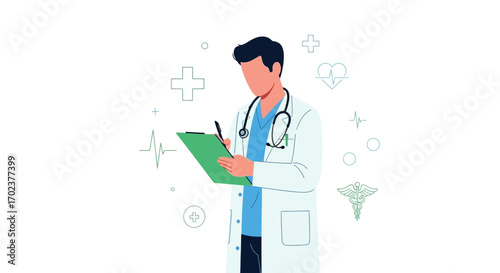 Healthcare Professional Records Medical Data In Minimalist Style Against White Background