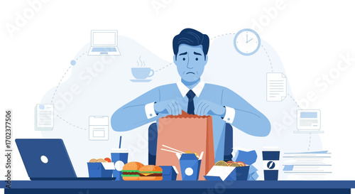 Exhausted Office Worker Amidst A Mountain Of Delivery Food And Work Overload