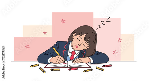 Exhausted Student Dreams While Working on Homework with Colorful Crayons