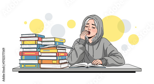 Exhausted Student Reading Books, Yawning With A Pile Of Books On The Desk For Study