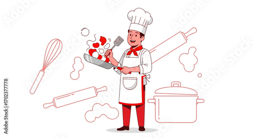 Expert Chef Presenting Delicious Ingredients for Cooking in Illustrated Colorful Style