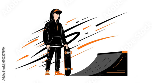 Illustration Of A Skateboarder Standing Near a Ramp, Stylishly Dressed For Streetwear