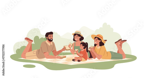 Family Enjoying A Pleasant Picnic Outdoors Amidst Verdant Foliage And Sunshine