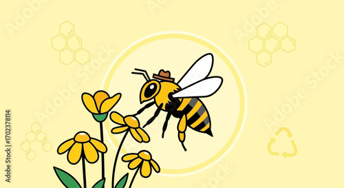 Illustrative Bee Adorned With A Hat Harvesting Pollen From Flowers In Artistic Style