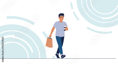 Illustrative Depiction Of A Casual Man Walking With Shopping Bag And Coffee Cup