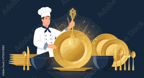 Illustrative Chef Elevating Golden Dishware, Elegant Dining Presentation, Luxurious Culinary