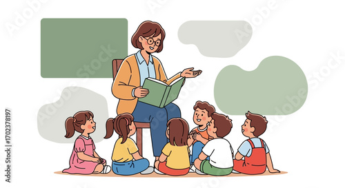 Illustrative Depiction Of A Teacher Reading To A Group Of Young Students In Colourful Apparel
