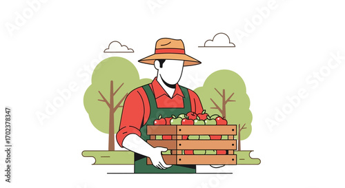Farmer Harvesting Fresh Apples From Orchard, Illustration Showing Rural Life and Agriculture
